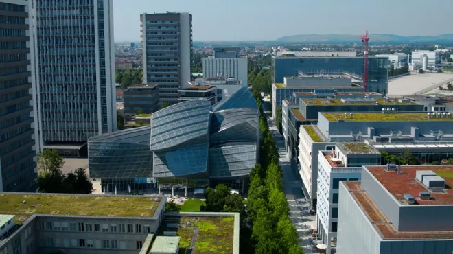 aerial view of the Novartis campus buildings